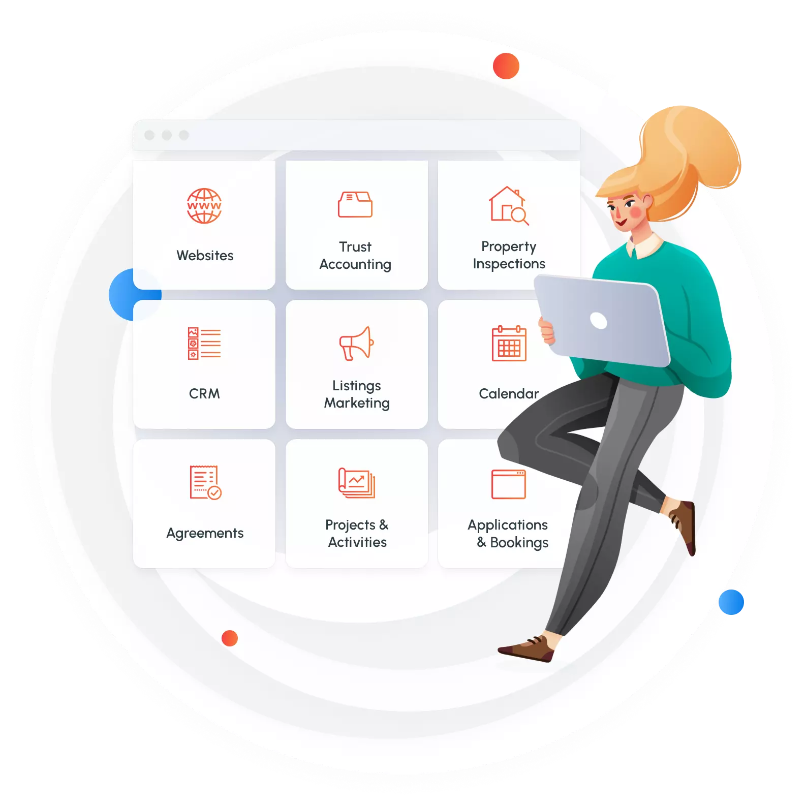 HERO PM is feature-rich An illustration resembling an application window with an array of buttons. A girl is holding a laptop on the right.