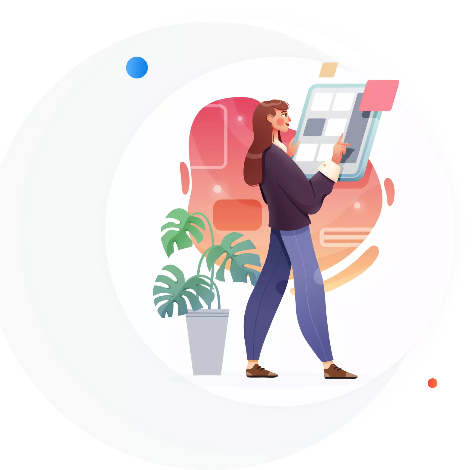 Transform your office Illustration of a woman holding a comically-large tablet, with a potted plant at her feet.