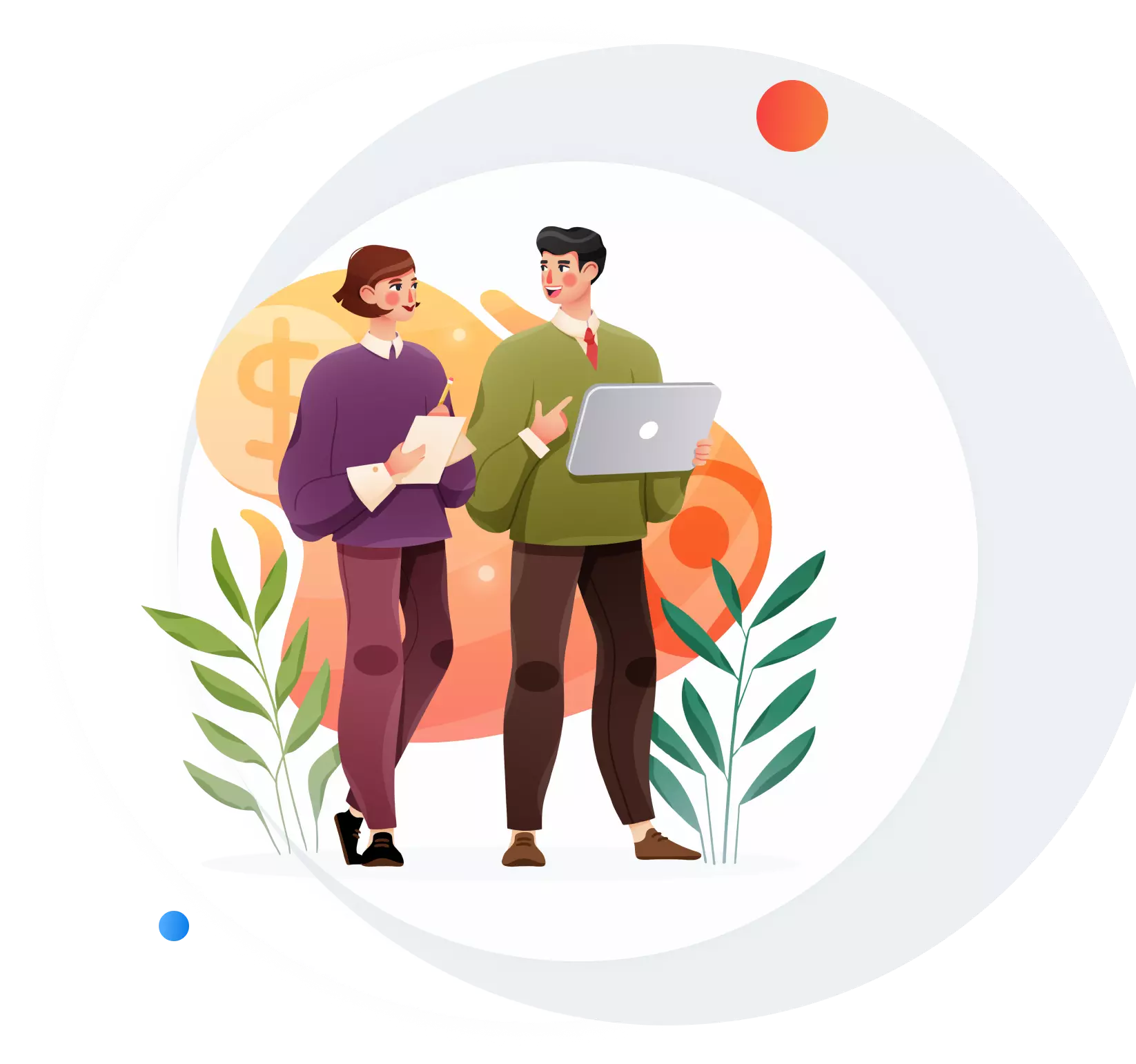 Transform your relationships A man and a woman are walking alongside each-other; the man is holding a tablet, and the woman is taking notes on a notepad. There is a dollar sign in the background.