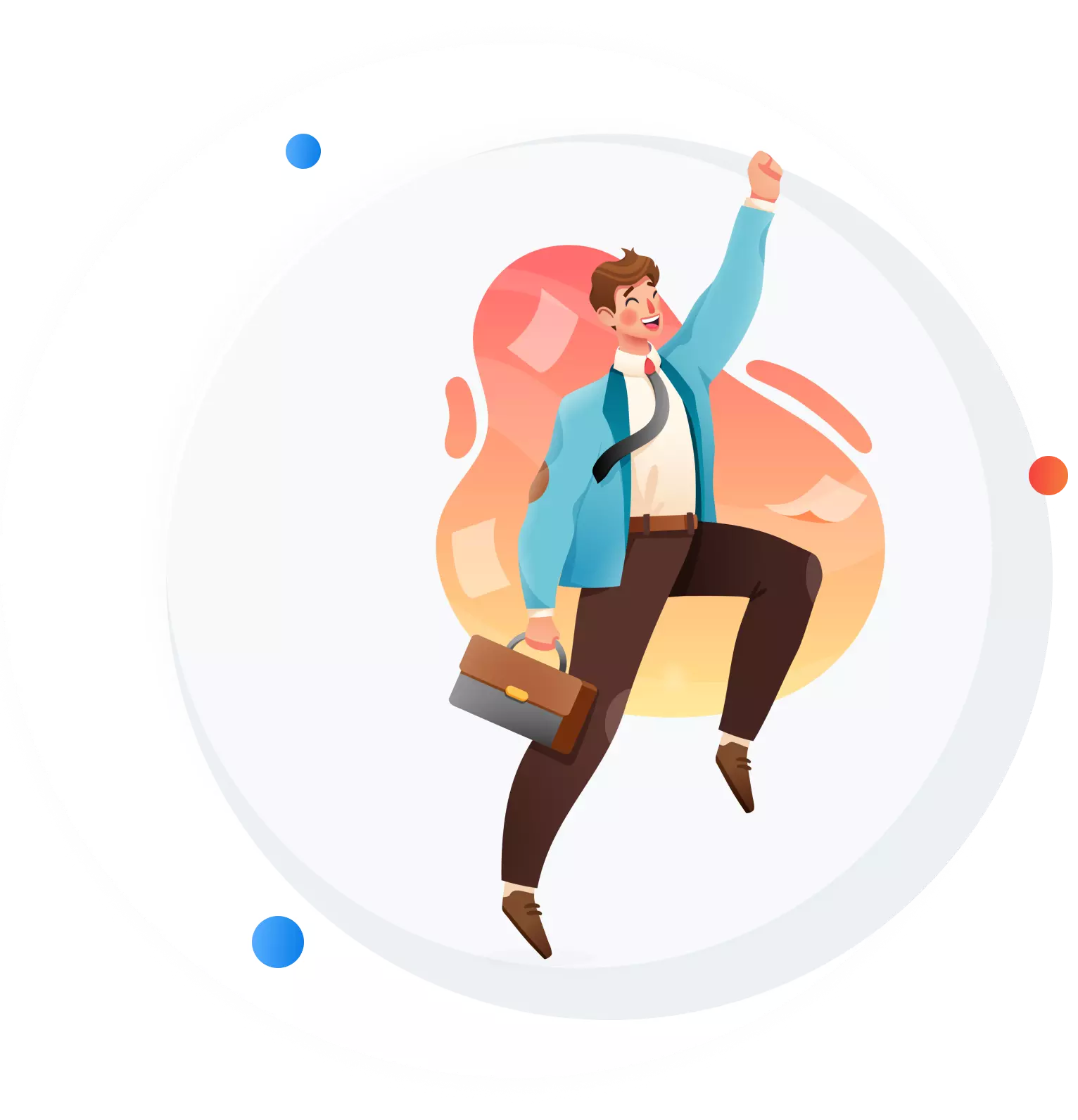 Transform your management A man in an elated pose holding a briefcase. There are papers fluttering in the background.