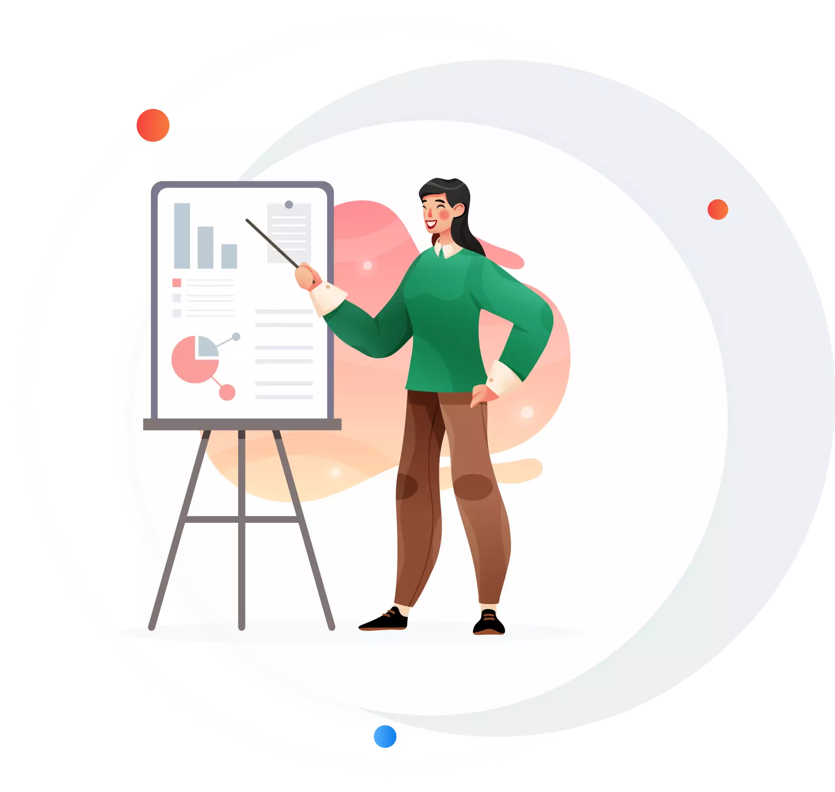 Transform your marketing A woman using a stick to point to a graph on a board.